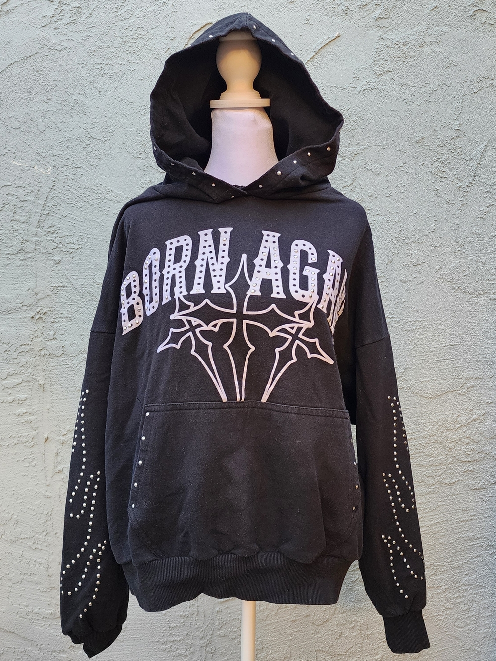 Rebel Minds RBL Born Again Rhinestone Cross Hoodie Black Studded Y2K [M]